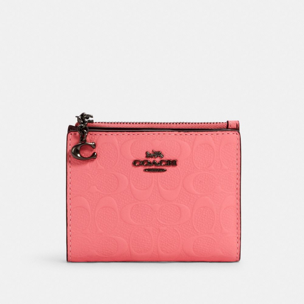 COACH 3306 SNAP CARD CASE IN SIGNATURE LEATHER QB/PINK LEMONADE