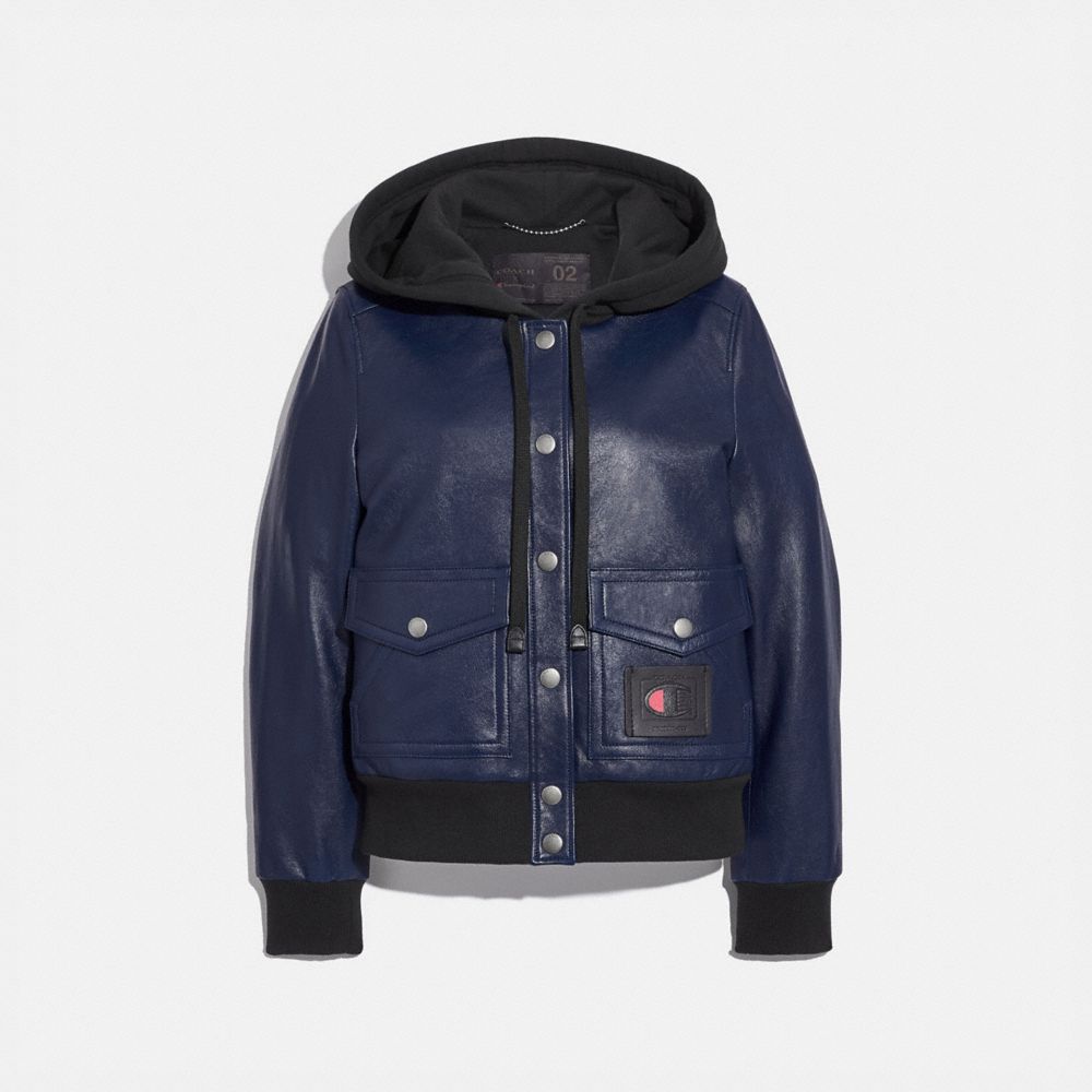 COACH Coach X Champion Super Fleece Hooded Leather Jacket - NAVY - 3414