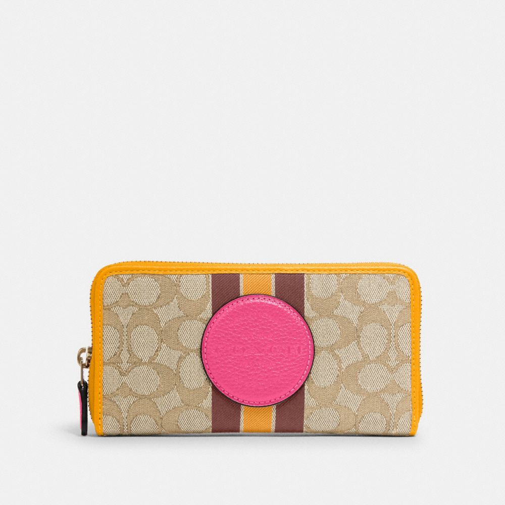 COACH 3473 - DEMPSEY ACCORDION ZIP WALLET IN SIGNATURE JACQUARD WITH STRIPE AND COACH PATCH IM/LT KHAKI ELECTRIC PINK