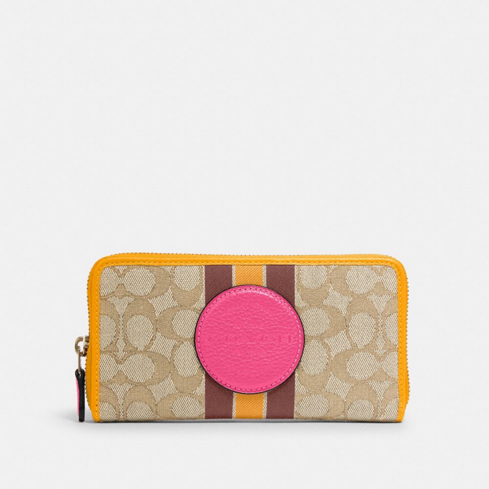 COACH 3473 DEMPSEY ACCORDION ZIP WALLET IN SIGNATURE JACQUARD WITH STRIPE AND COACH PATCH IM/LT KHAKI ELECTRIC PINK