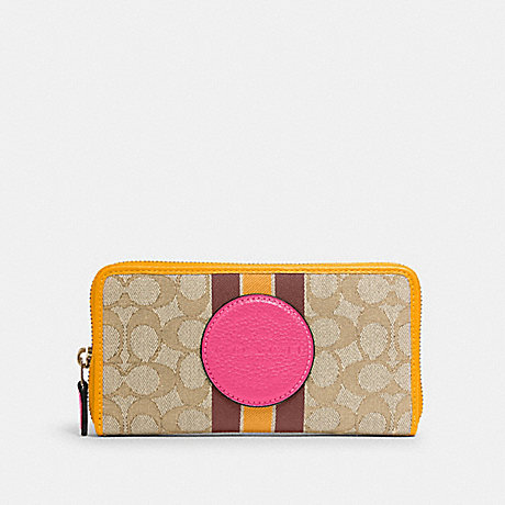 COACH 3473 DEMPSEY ACCORDION ZIP WALLET IN SIGNATURE JACQUARD WITH STRIPE AND COACH PATCH IM/LT KHAKI ELECTRIC PINK