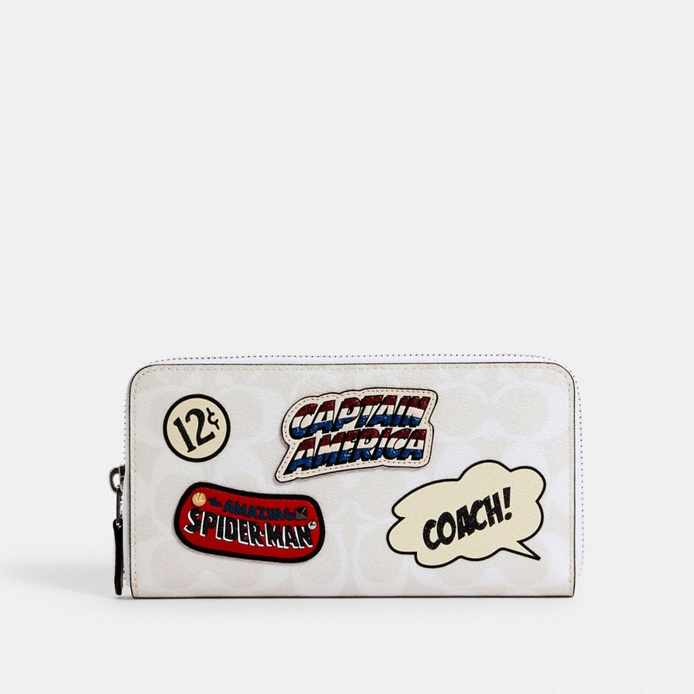 COACH â”‚ MARVEL ACCORDION ZIP WALLET IN SIGNATURE CANVAS WITH PATCHES - SV/CHALK MULTI - COACH 3475