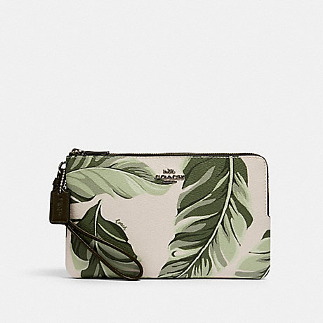 COACH DOUBLE ZIP WALLET WITH BANANA LEAVES PRINT - SV/CARGO GREEN CHALK MULTI - 3495