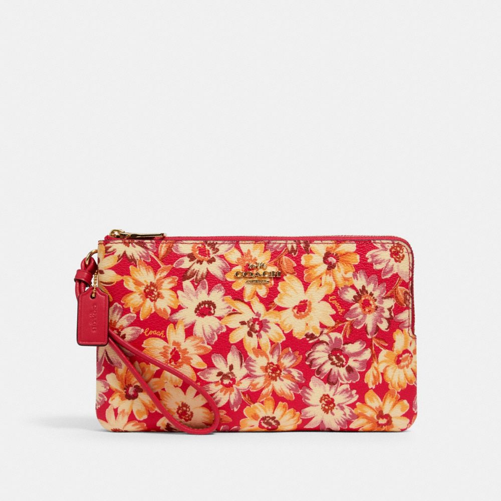 COACH DOUBLE ZIP WALLET WITH VINTAGE DAISY SCRIPT PRINT - IM/PINK MULTI - 3496