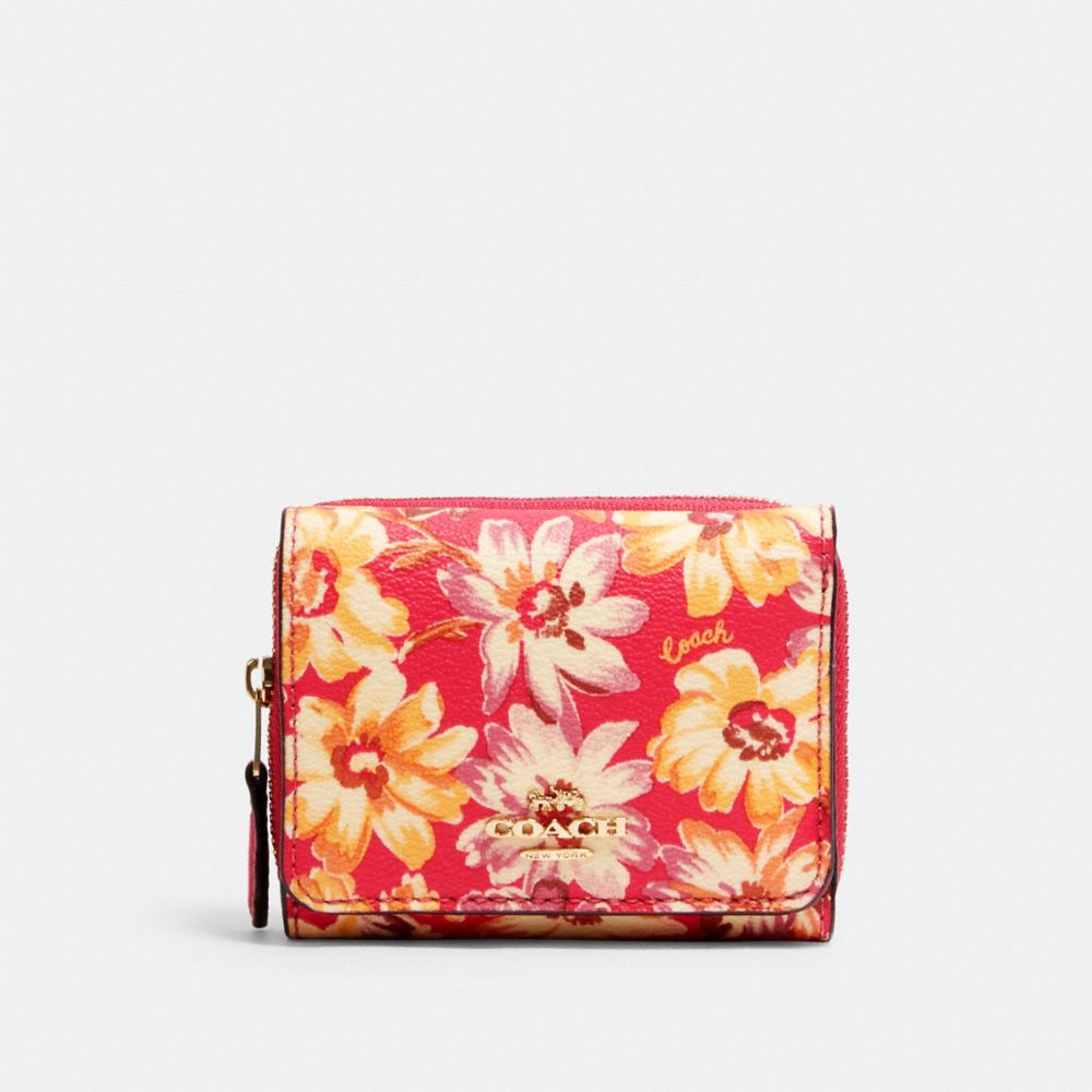 COACH 3509 - SMALL TRIFOLD WALLET WITH VINTAGE DAISY SCRIPT PRINT IM/PINK MULTI