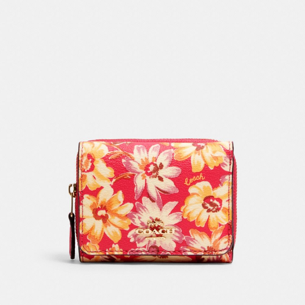 COACH SMALL TRIFOLD WALLET WITH VINTAGE DAISY SCRIPT PRINT - IM/PINK MULTI - 3509