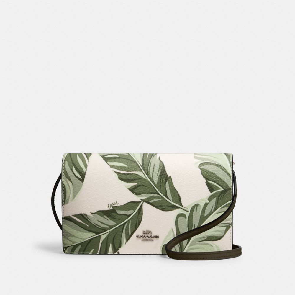 COACH 3565 Anna Foldover Crossbody Clutch With Banana Leaves Print SV/CARGO GREEN CHALK MULTI