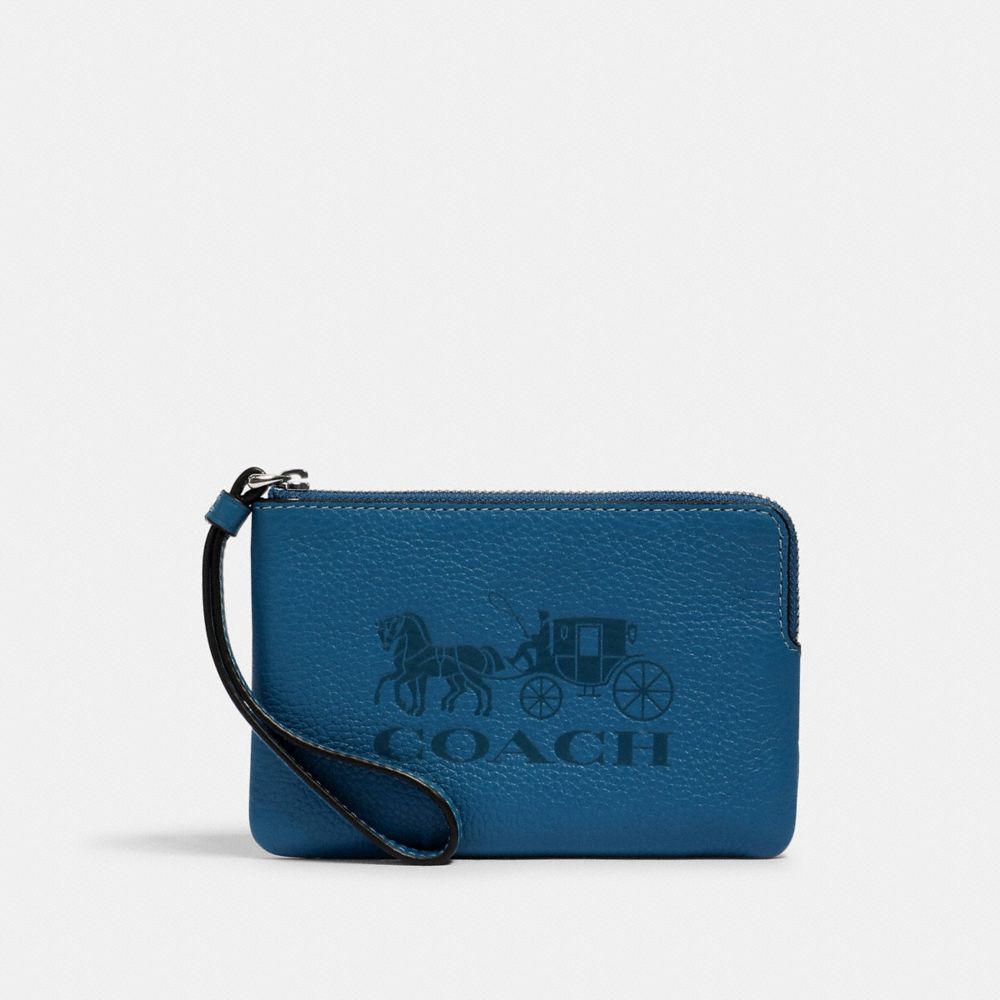 COACH 3580 Jes Corner Zip Wristlet With Horse And Carriage SV/BLUE JAY