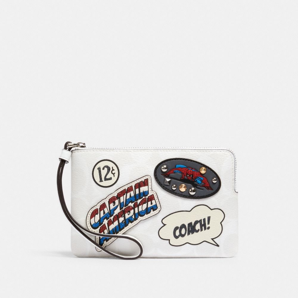 COACH 3581 Coach â”‚ Marvel Corner Zip Wristlet In Signature Canvas With Patches SV/CHALK MULTI