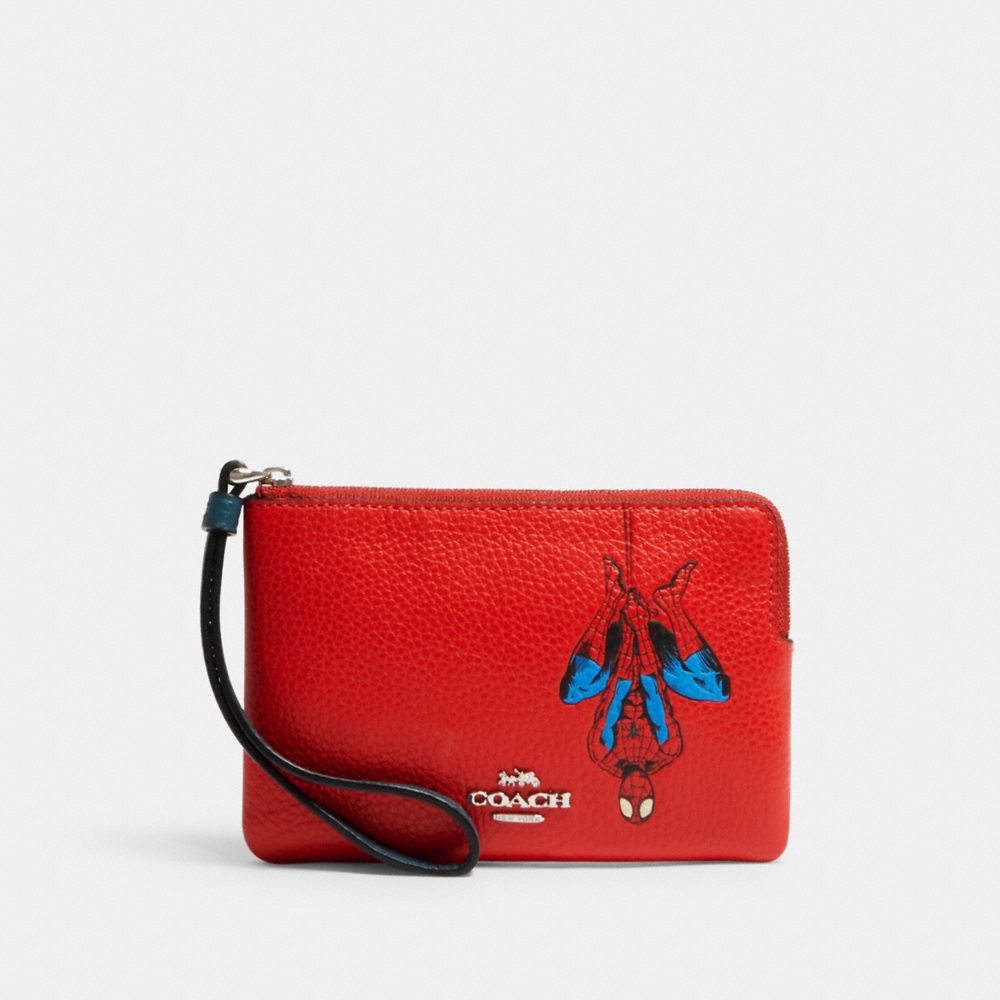 COACH 3583 Coach â”‚ Marvel Corner Zip Wristlet With Spider-man SV/MIAMI RED MULTI