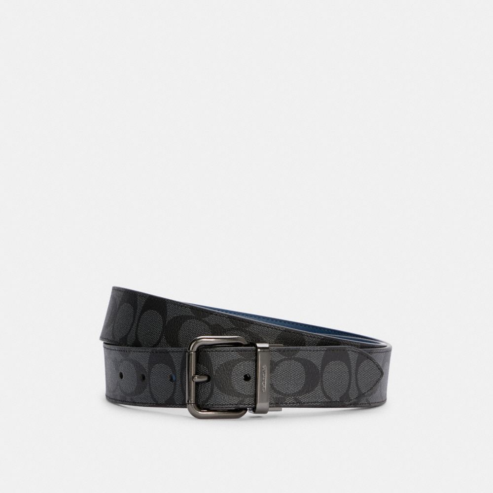 COACH 3815 - ROLLER BUCKLE CUT-TO-SIZE REVERSIBLE BELT, 38MM QB/CHARCOAL JEWEL BLUE