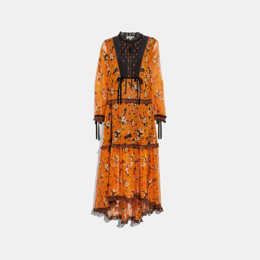 COACH ROSE PRINT TIERED DRESS - ORANGE - 38505