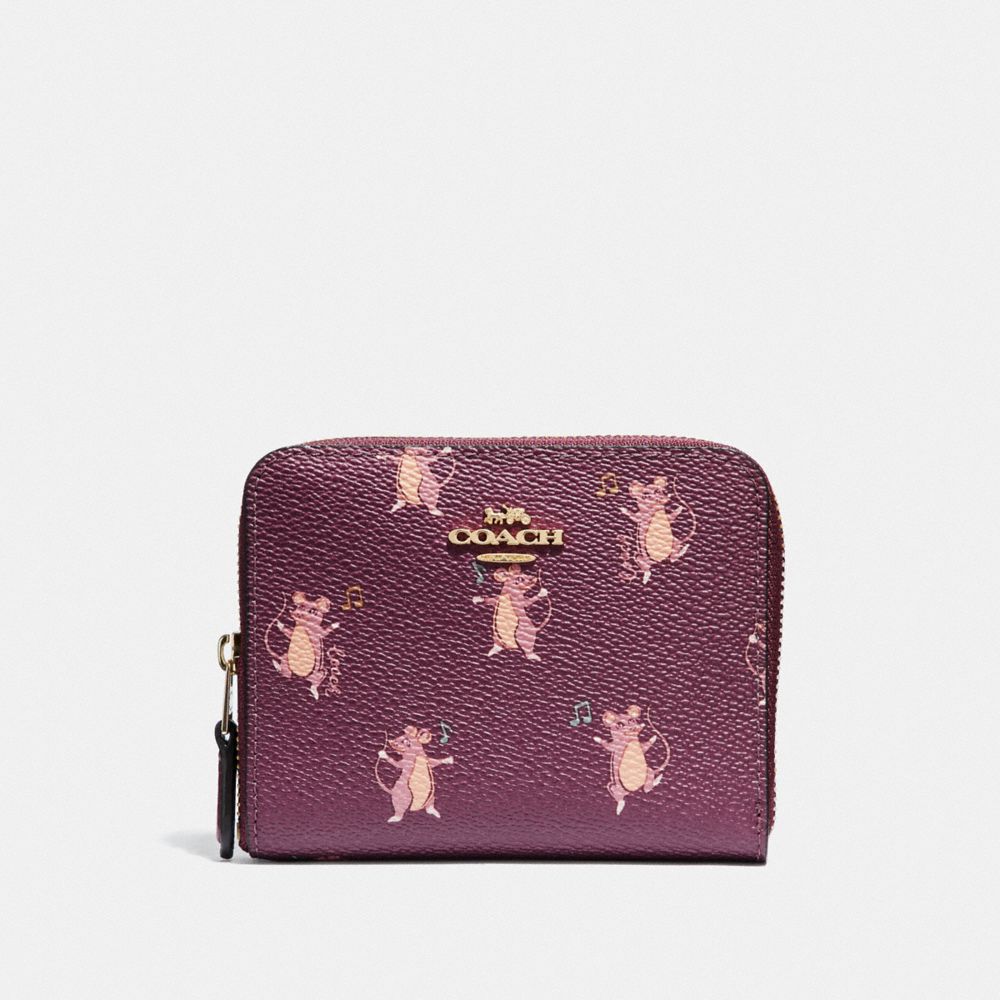 COACH 38907 Small Zip Around Wallet With Party Mouse Print DARK BERRY/GOLD