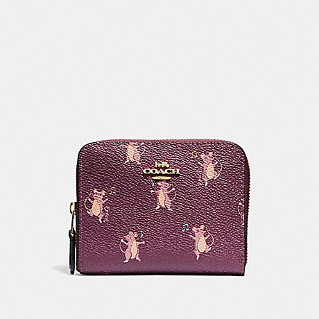 COACH 38907 SMALL ZIP AROUND WALLET WITH PARTY MOUSE PRINT DARK BERRY/GOLD