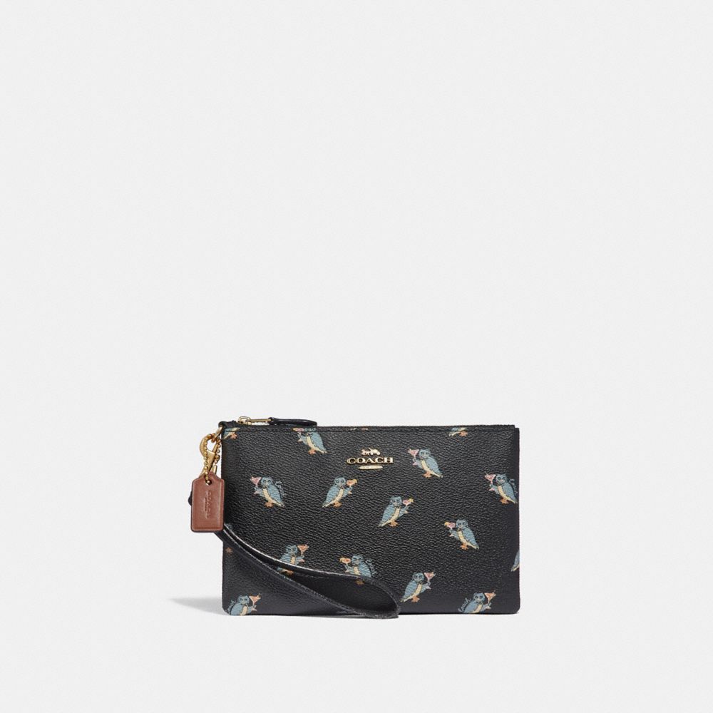 COACH 38924 Small Wristlet With Party Owl Print BLACK/GOLD