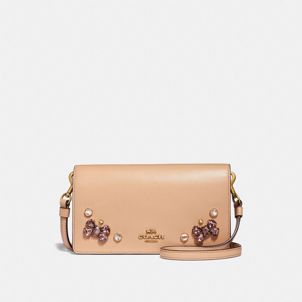 COACH 38932 SLIM PHONE CROSSBODY WITH CRYSTAL APPLIQUE NUDE PINK/BRASS