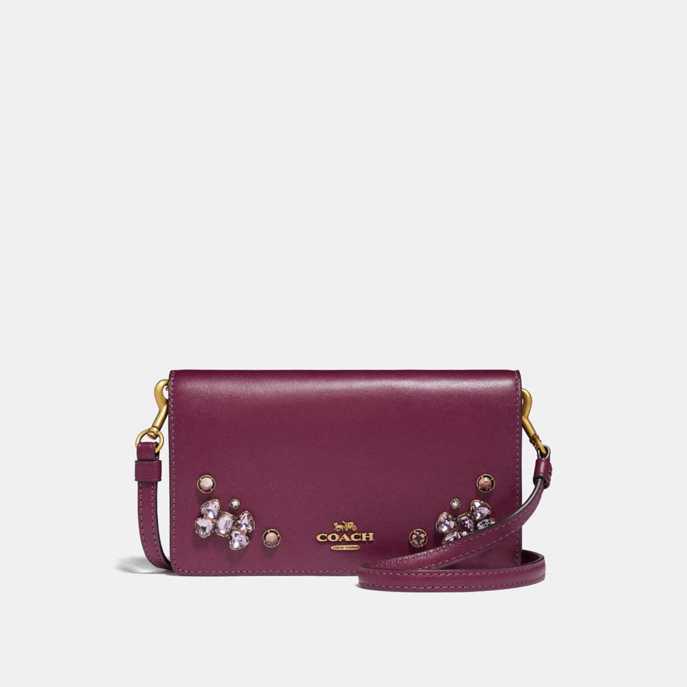 COACH 38932 SLIM PHONE CROSSBODY WITH CRYSTAL APPLIQUE DARK BERRY/BRASS