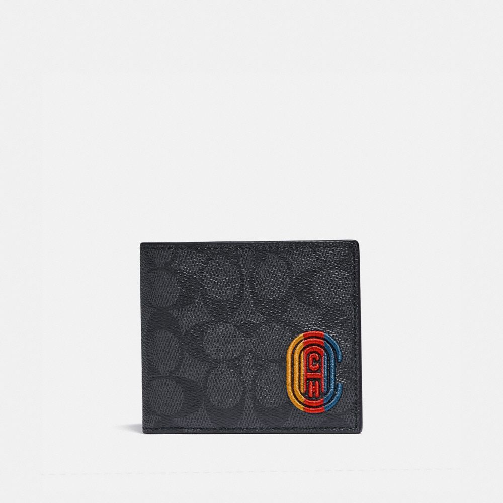 COACH 3901 - Coin Wallet In Signature Canvas With Coach Patch CHARCOAL SIGNATURE MULTI