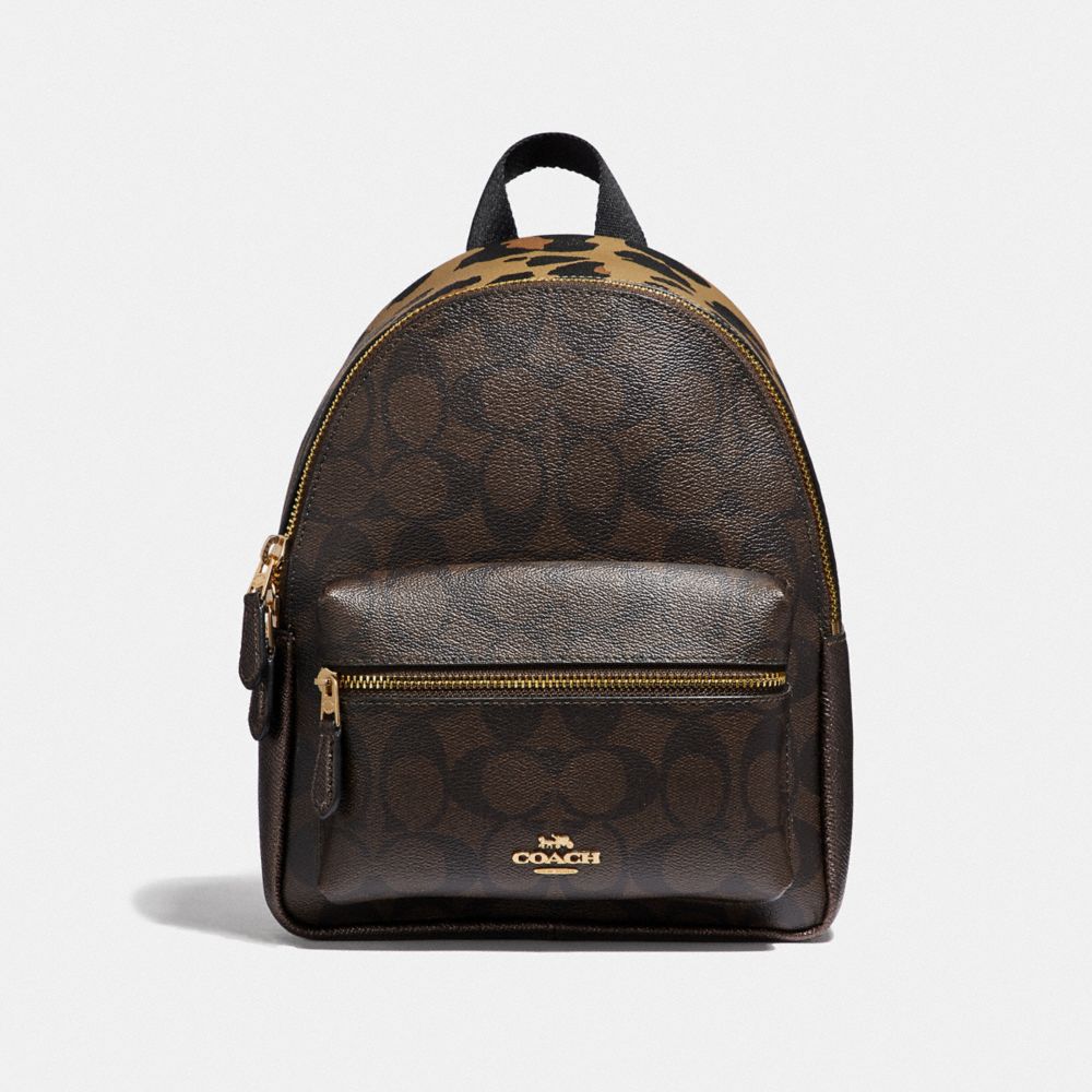 MINI CHARLIE BACKPACK IN SIGNATURE CANVAS WITH LEOPARD PRINT - 39034 - IM/BROWN MULTI