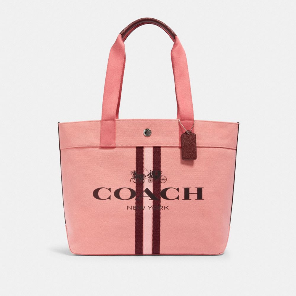 TOTE WITH STRIPE - SV/BRIGHT CORAL - COACH 391