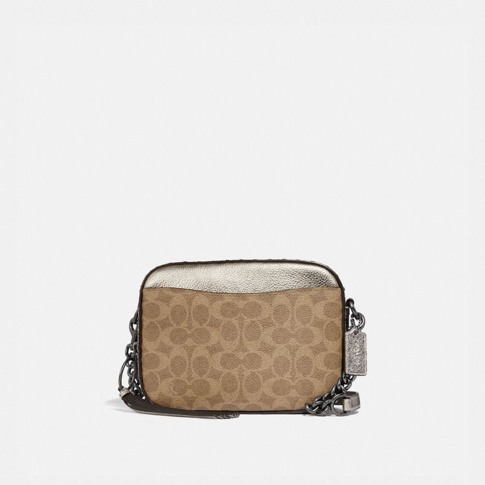 CAMERA BAG IN SIGNATURE CANVAS WITH RIVETS AND SNAKESKIN DETAIL - TAN/PLATINUM/PEWTER - COACH 39684
