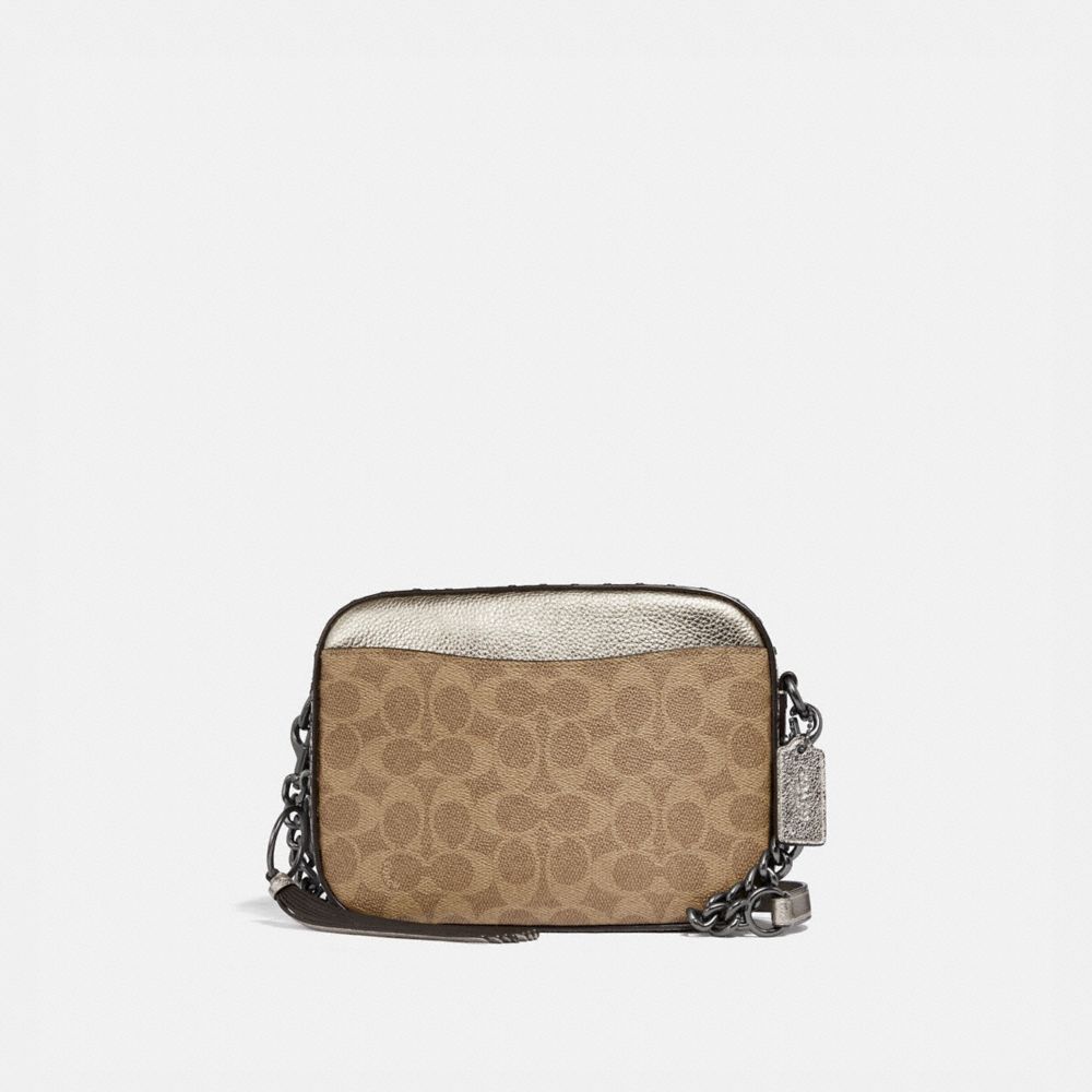 COACH 39684 CAMERA BAG IN SIGNATURE CANVAS WITH RIVETS AND SNAKESKIN DETAIL TAN/PLATINUM/PEWTER