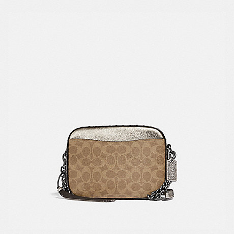 COACH 39684 CAMERA BAG IN SIGNATURE CANVAS WITH RIVETS AND SNAKESKIN DETAIL TAN/PLATINUM/PEWTER