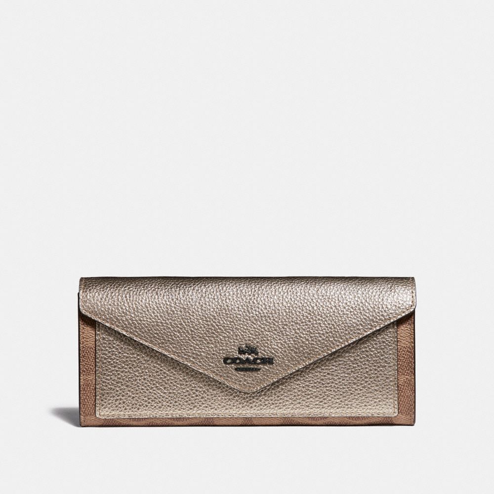 COACH SOFT WALLET IN COLORBLOCK SIGNATURE CANVAS - TAN/PLATINUM/PEWTER - 40040