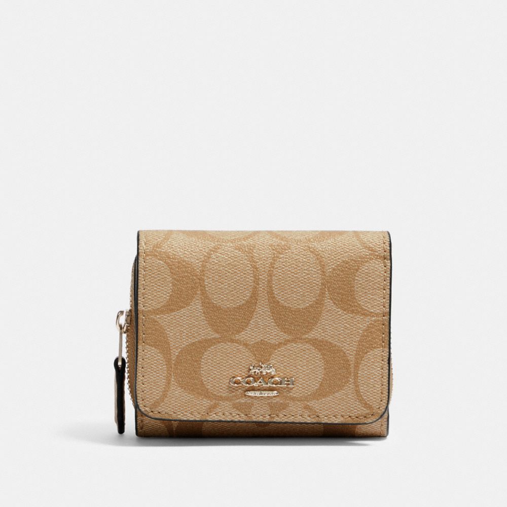 COACH 41302 Small Trifold Wallet In Signature Canvas SV/LIGHT KHAKI/PALE GREEN