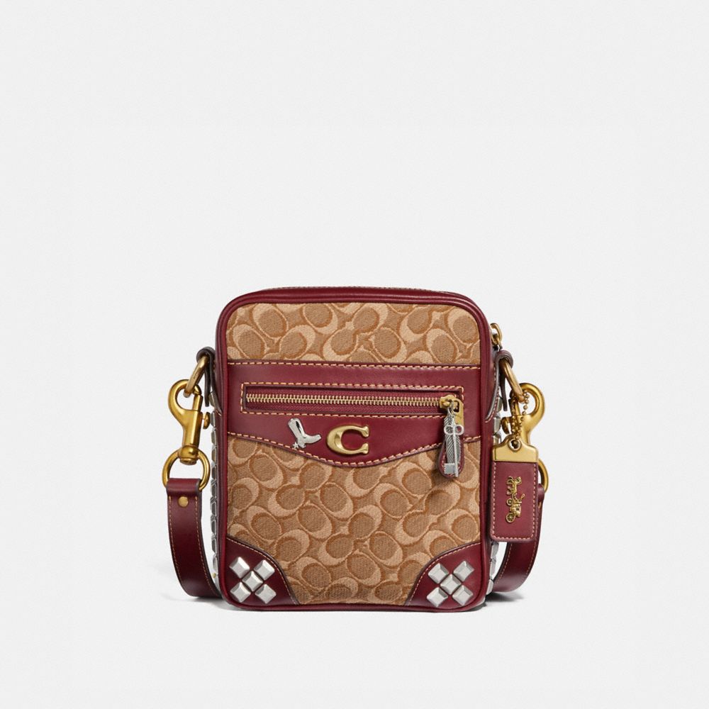 COACH MAX CROSSBODY 18 IN SIGNATURE JACQUARD WITH PYRAMID RIVETS - KHAKI/SCARLET/BRASS - 41385