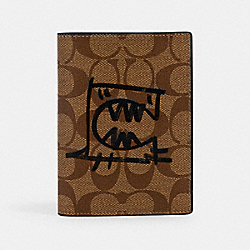 COACH 4153 Passport Case In Signature Canvas With Rexy By Guang Yu QB/TAN BLACK
