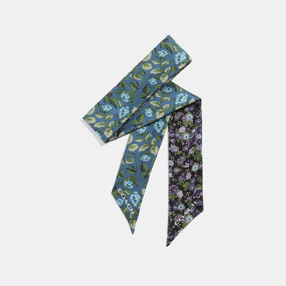 SLEEPING ROSE PRINT SILK SKINNY SCARF - 41907 - BLUE