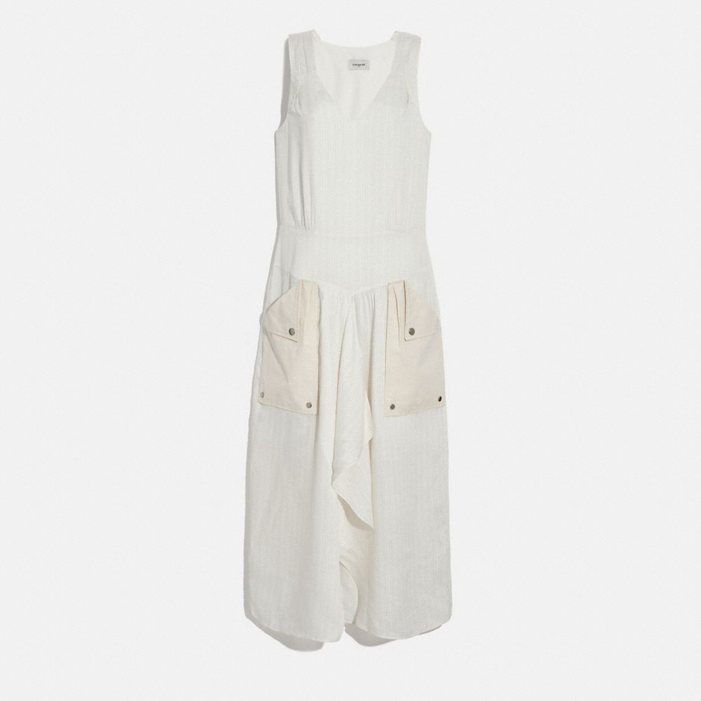 COACH 4220 Silk Stripe Long Dress With Snap Pockets CREAM.