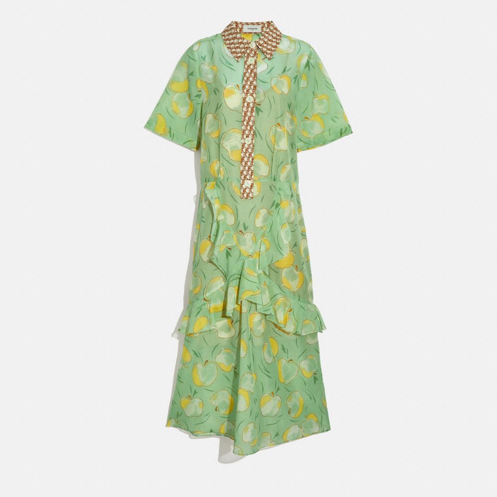 APPLE PRINT LONG RUFFLE SHIRT DRESS - MINT/YELLOW - COACH 4263