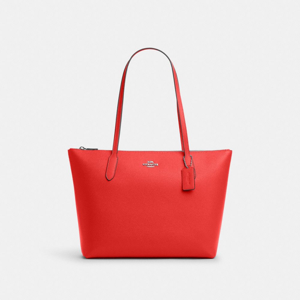 COACH 4454 Zip Top Tote SILVER/MIAMI RED