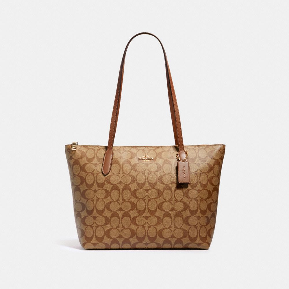 COACH ZIP TOP TOTE IN SIGNATURE CANVAS - IM/KHAKI SADDLE 2 - 4455