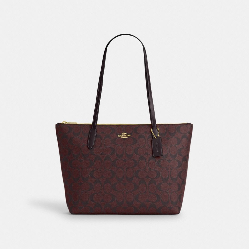 Zip Top Tote In Signature Canvas - 4455 - Gold/Oxblood Multi