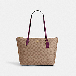 Zip Top Tote In Signature Canvas - 4455 - Gold/Khaki/Deep Berry