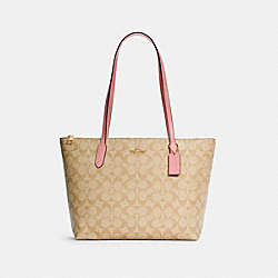 ZIP TOP TOTE IN SIGNATURE CANVAS - 4455 - IM/LIGHT KHAKI/BUBBLEGUM