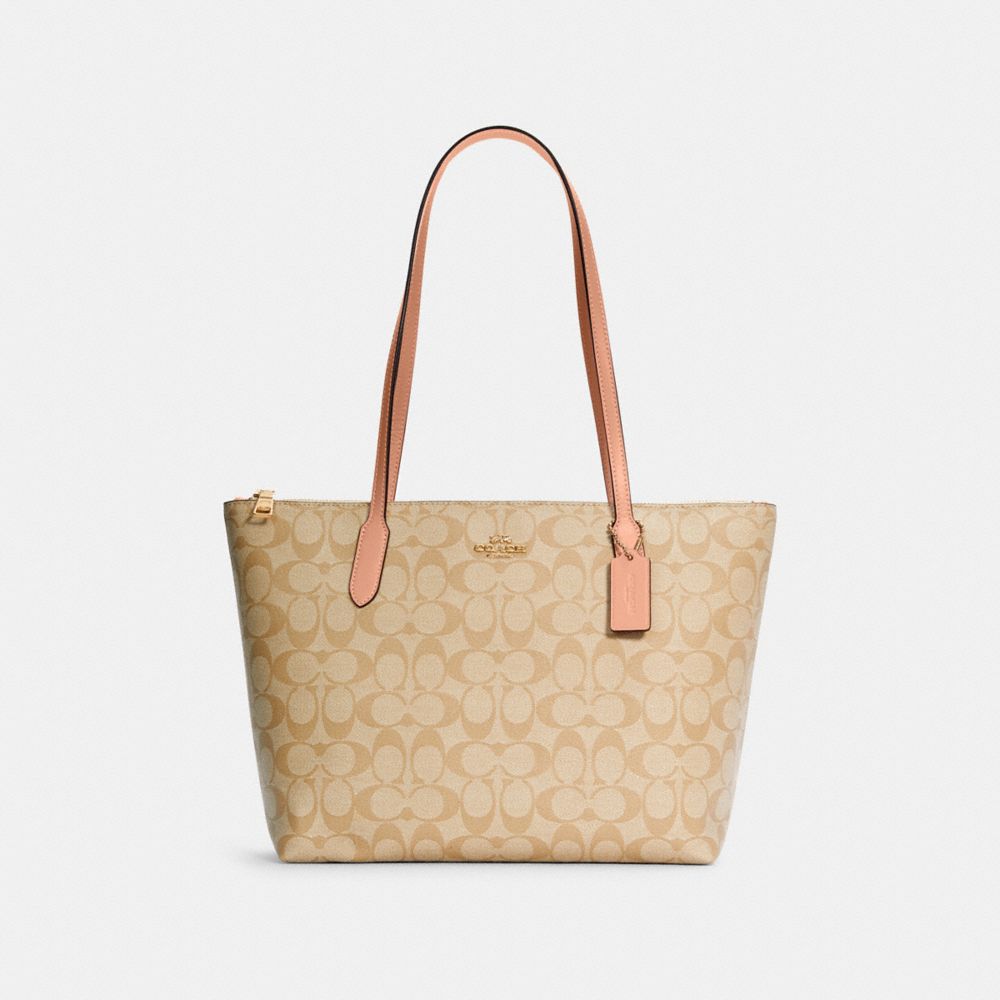 Zip Top Tote In Signature Canvas - GOLD/LIGHT KHAKI/FADED BLUSH - COACH 4455