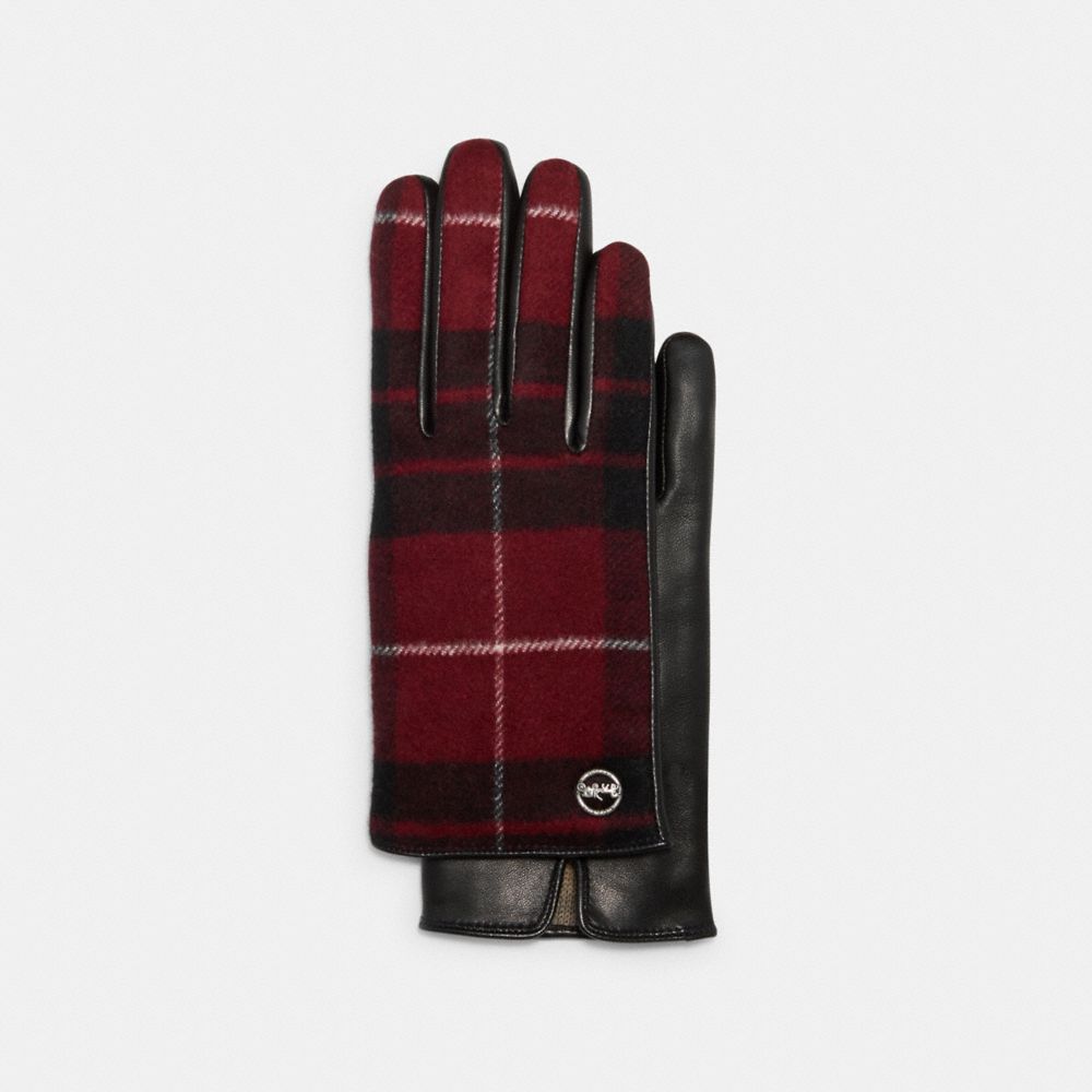 COACH 4543 HORSE AND CARRIAGE PLAQUE LEATHER TECH GLOVES WITH WINDOWPANE PLAID PRINT BLACK/RED