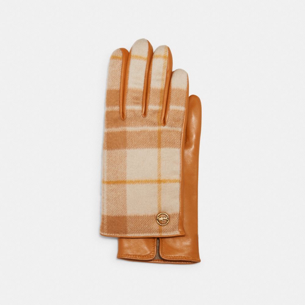 COACH 4543 HORSE AND CARRIAGE PLAQUE LEATHER TECH GLOVES WITH WINDOWPANE PLAID PRINT TAN/ORANGE