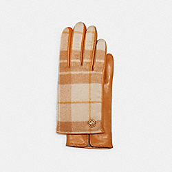 COACH HORSE AND CARRIAGE PLAQUE LEATHER TECH GLOVES WITH WINDOWPANE PLAID PRINT - TAN/ORANGE - 4543