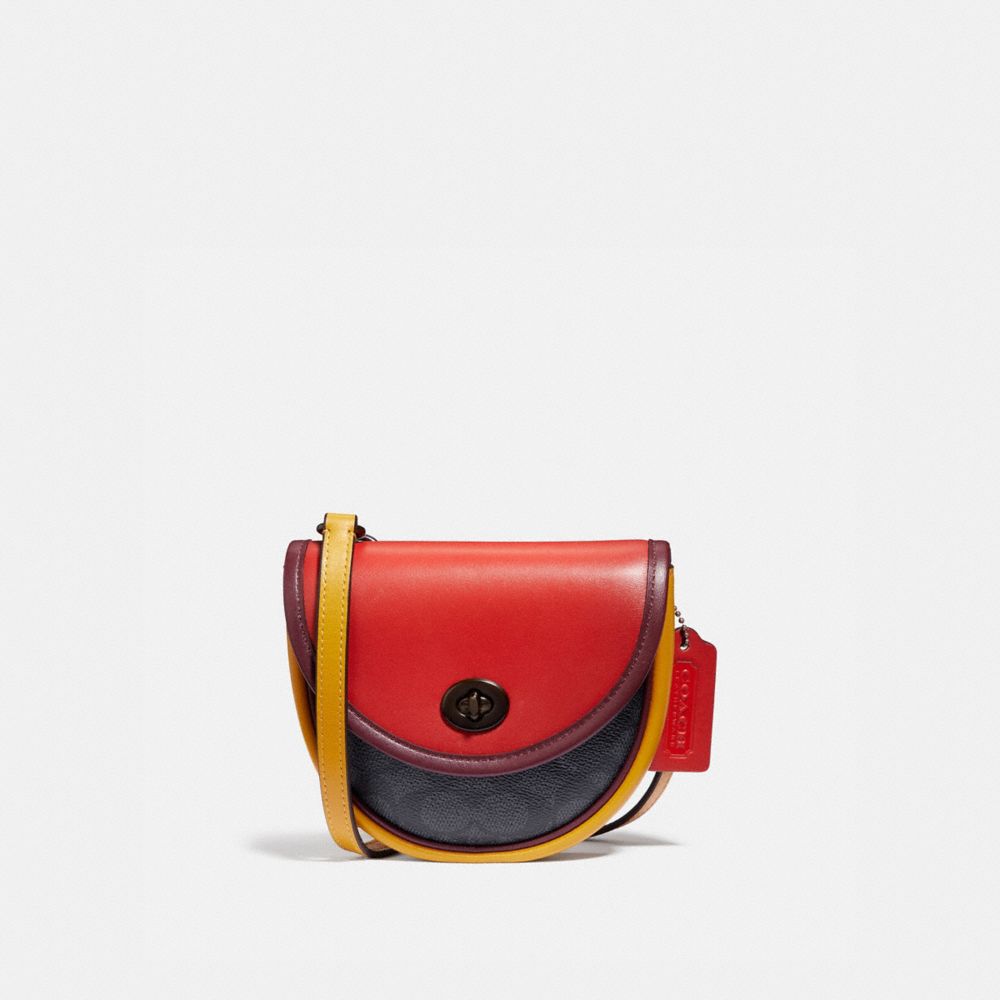 TURNLOCK CONVERTIBLE CROSSBODY IN BLOCKED SIGNATURE CANVAS - 4585 - CHARCOAL/ YOLK/ CRANBERRY RED