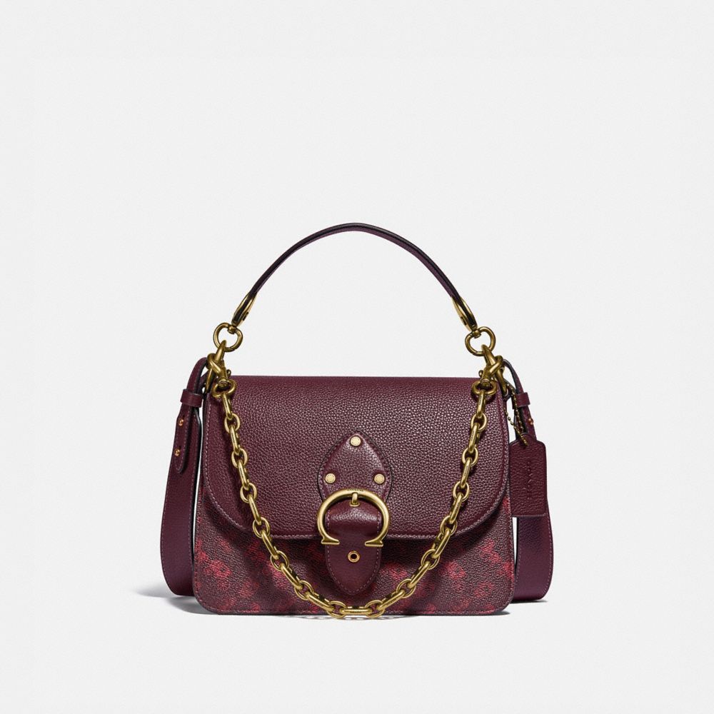 Beat Shoulder Bag With Horse And Carriage Print - 4594 - BRASS/OXBLOOD CRANBERRY