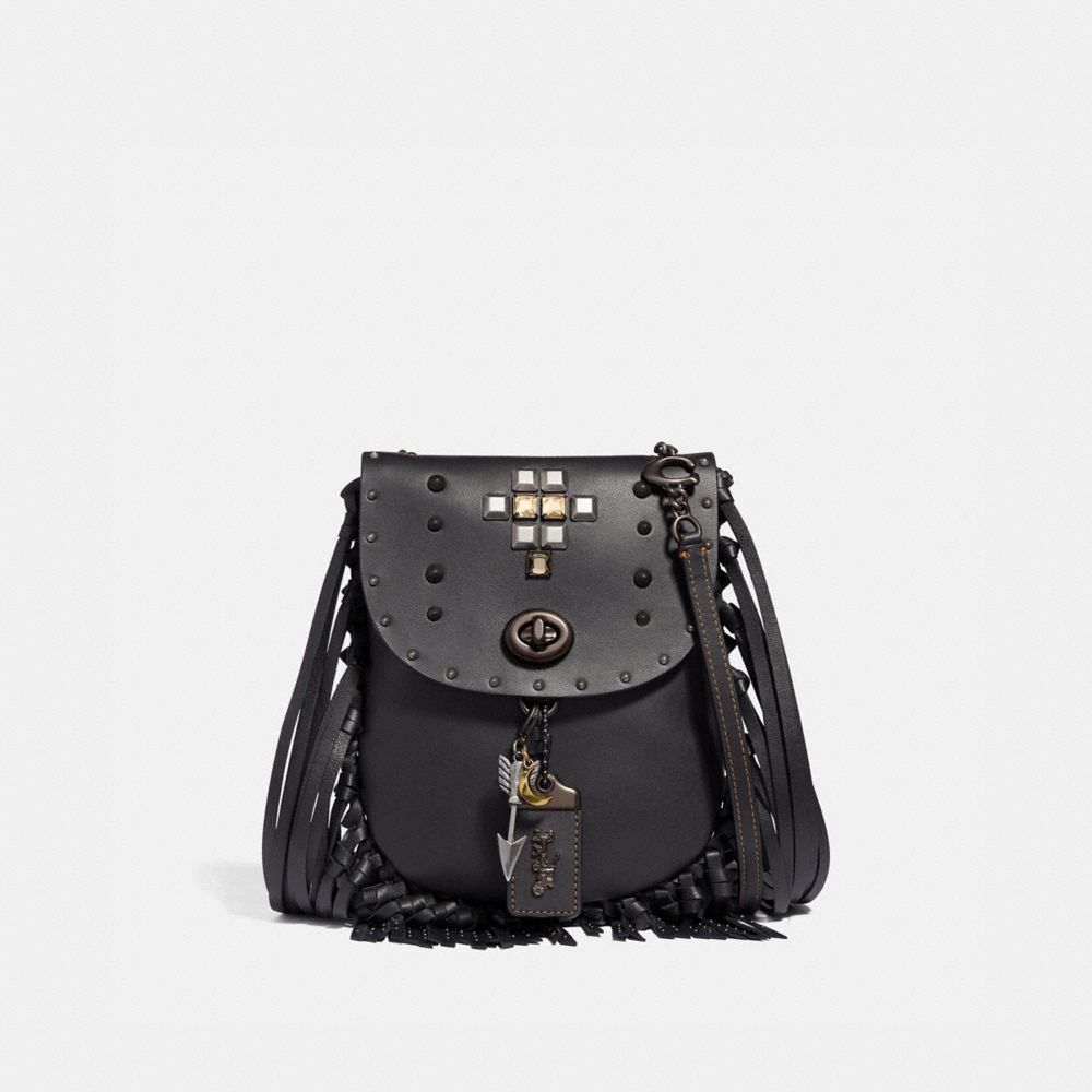 COACH FRINGE SADDLE BAG WITH PYRAMID RIVETS - BLACK/PEWTER - 48617