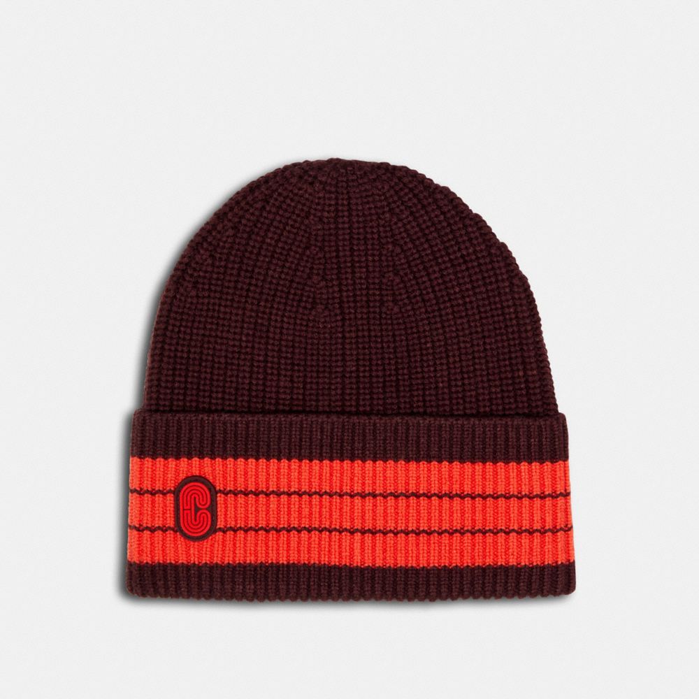 STRIPED BEANIE WITH COACH PATCH - MAROON - COACH 4920