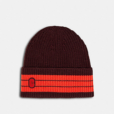 COACH 4920 STRIPED BEANIE WITH COACH PATCH MAROON
