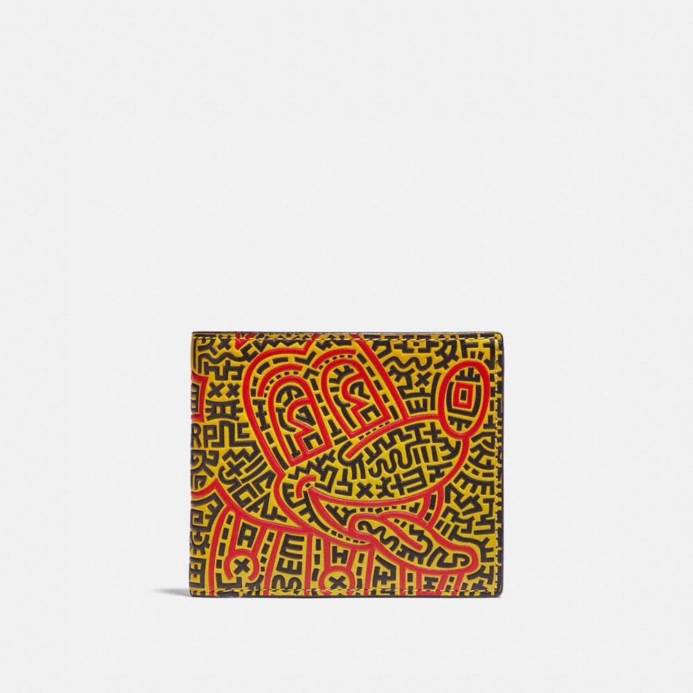COACH 5221 Disney Mickey Mouse X Keith Haring Double Billfold Wallet BLACK MULTI.