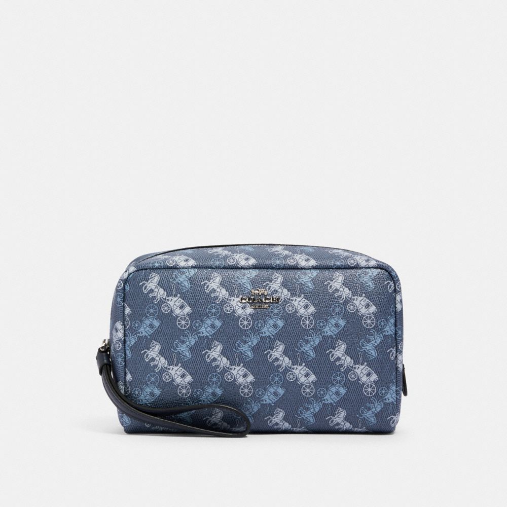 COACH 528 Boxy Cosmetic Case With Horse And Carriage Print SV/INDIGO PALE BLUE MULTI